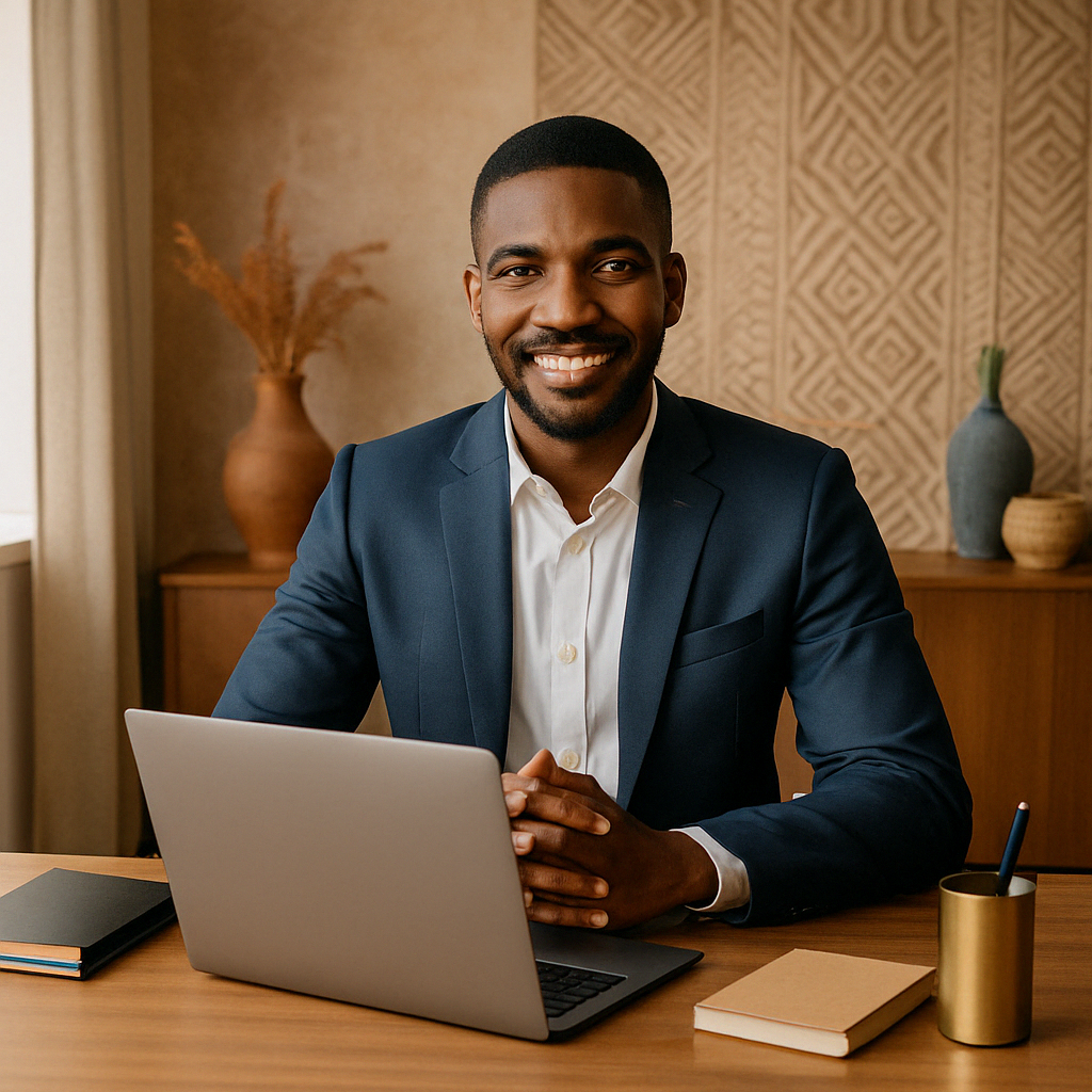 African professional at desk